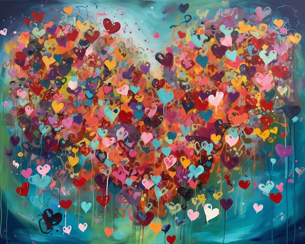 A painting of hearts with the word love on it