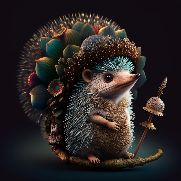 A painting of a hedgehog with a hat and a mushroom on it.