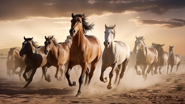 A painting of a herd of horses running in the desert