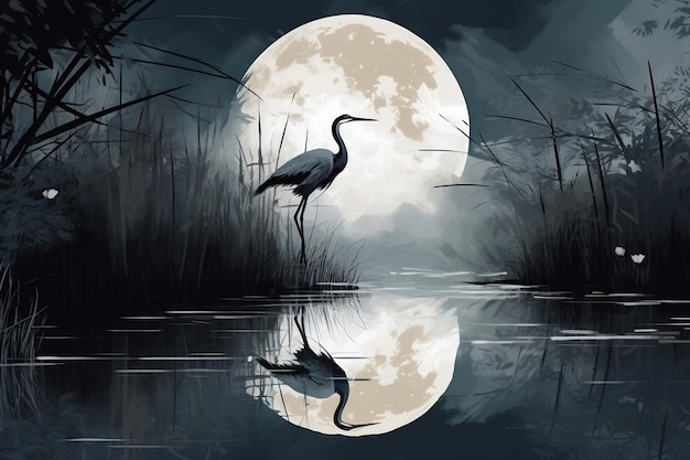 a painting of a heron in the night with a full moon in the background