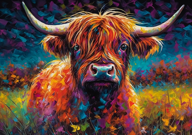 A painting of a highland cow with horns