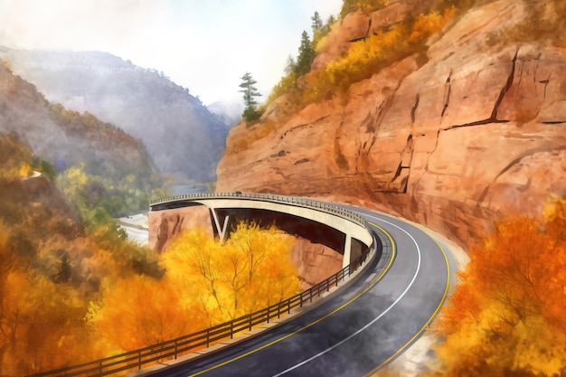 A painting of a highway that is going to the top of a mountain.