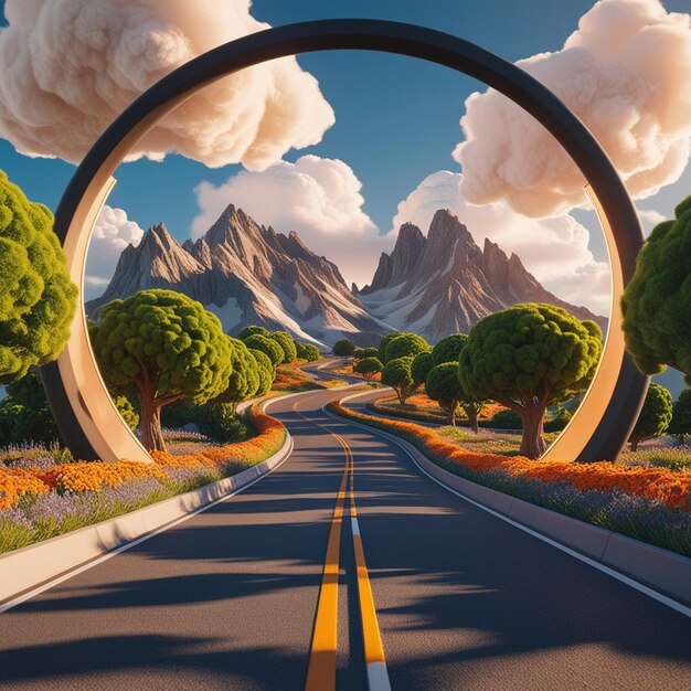 Photo a painting of a highway with mountains in the background