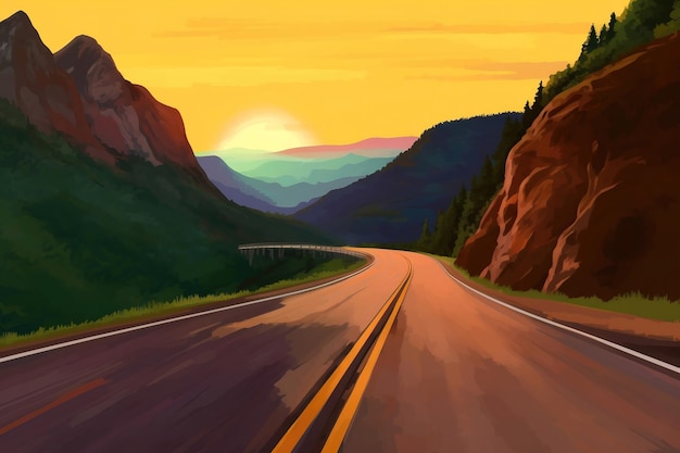 A painting of a highway with a sunset in the background.