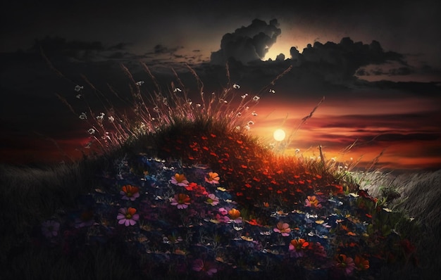 A painting of a hill with flowers and the sun shining through it.