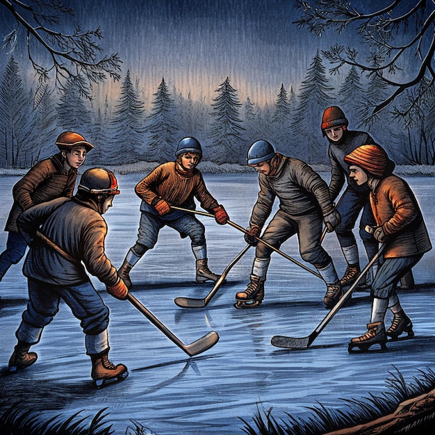 Photo a painting of a hockey game being played on a frozen lake