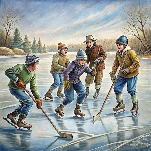 Photo a painting of a hockey game being played on a frozen lake