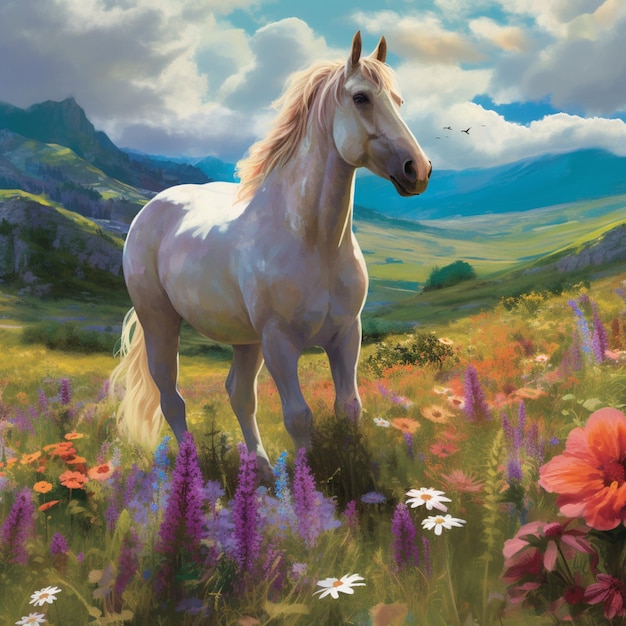 A painting of a horse in a field of flowers with mountains in the background.