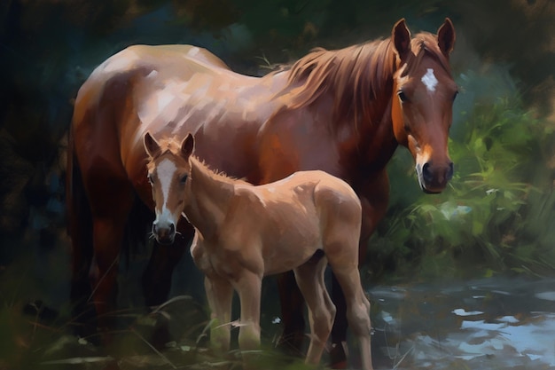 A painting of a horse and a foal by a pond.