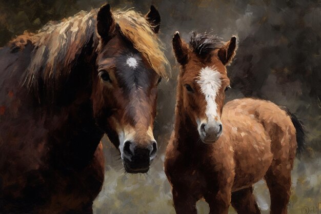 A painting of a horse and a foal