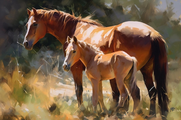 A painting of a horse and a foal