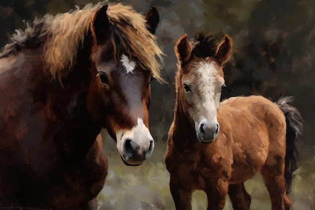 A painting of a horse and her foal