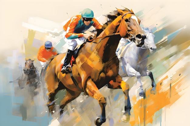 A painting of a horse and jockey racing.