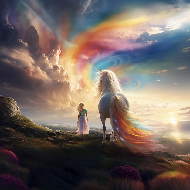 a painting of a horse and a rainbow with a girl on it