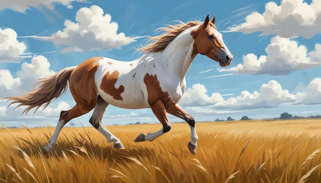 a painting of a horse running in a field with the sky in the background