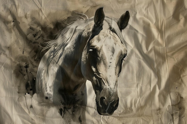 a painting of a horse with a black and white paint on it