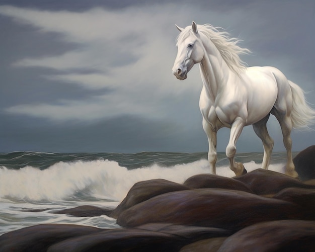 A painting of a horse with a cloudy sky in the background.