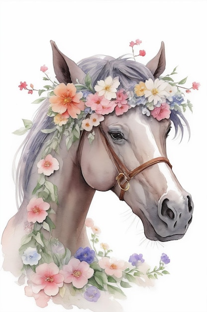 A painting of a horse with flowers on its head a watercolor painting