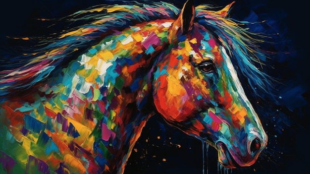 A painting of a horse with a rainbow colored paint.