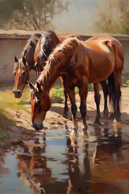 A painting of horses drinking water from a pond.