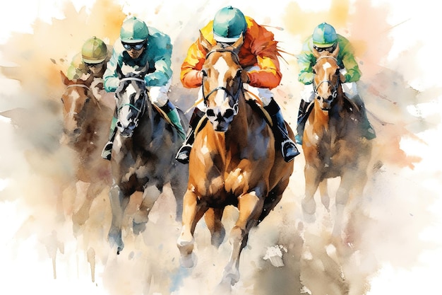 A painting of horses racing with jockeys on their backs.