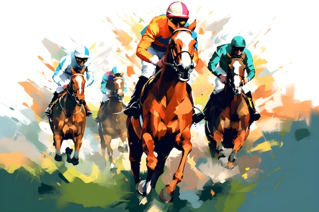 A painting of horses with jockeys on them with one wearing a blue helmet.