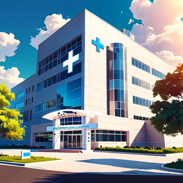 a painting of a hospital with a blue cross on the front