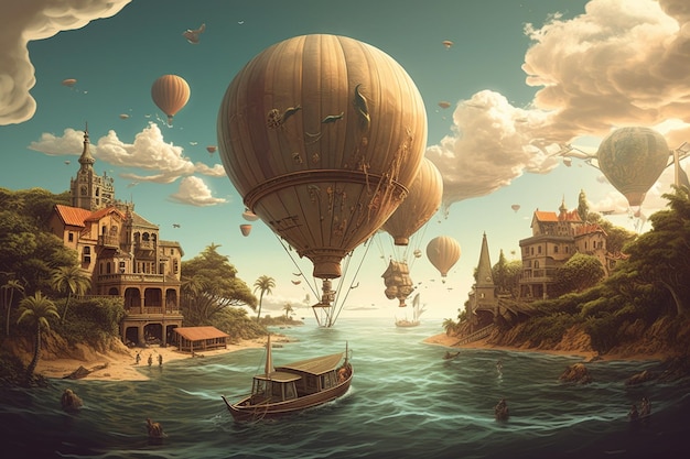 A painting of a hot air balloon floating over the ocean.