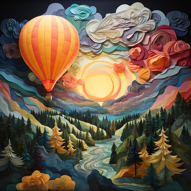 Painting of a hot air balloon flying over a river and forest generative ai