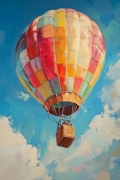 A painting of a hot air balloon with a basket and a basket with a basket in the middle