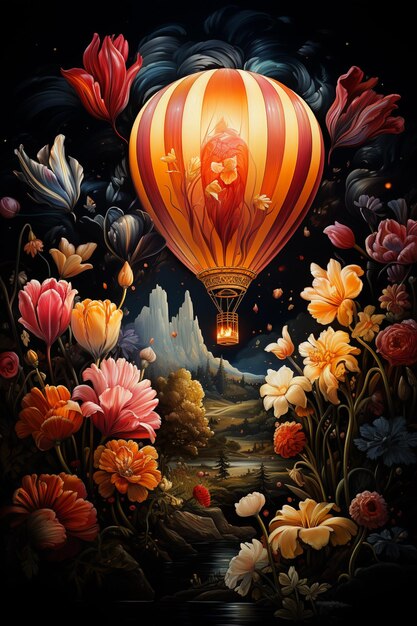 Painting of a hot air balloon with a man in a basket flying over a river generative ai