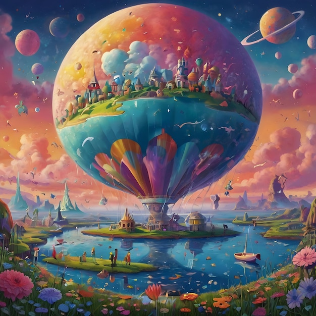 a painting of a hot air balloon with a picture of a city in the sky