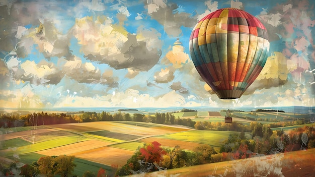 a painting of a hot air balloon with a sky background