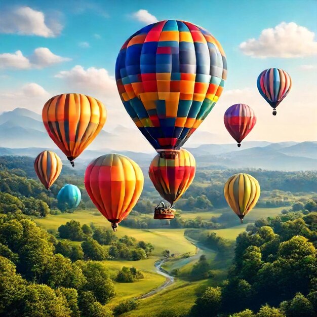 a painting of hot air balloons with a sky background