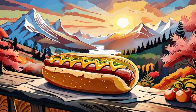 a painting of a hot dog with a mountain in the background