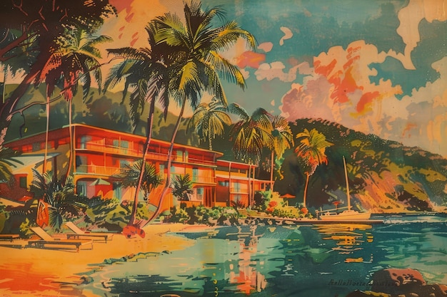 A painting of a hotel on a tropical beach