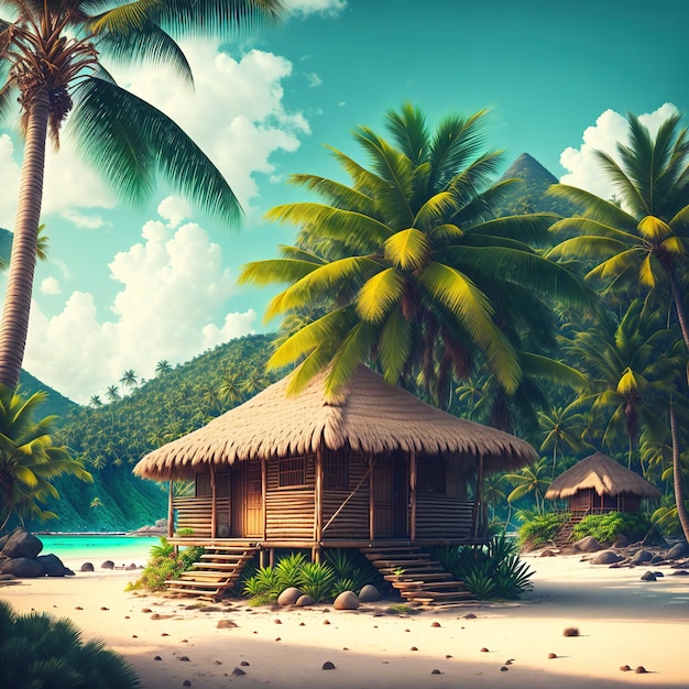 A painting of a house on a beach with palm trees in the background.