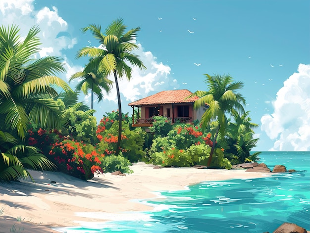 a painting of a house on a beach with palm trees and a house in the background