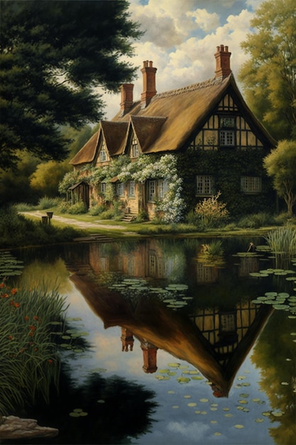 Painting of a house next to a body of water generative ai