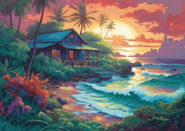 A painting of a house by the ocean.