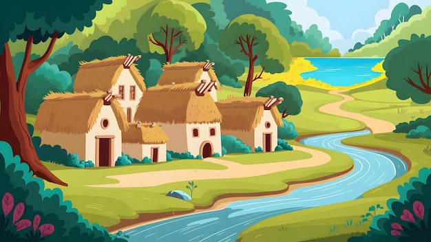 Photo a painting of a house by the river with a river and trees