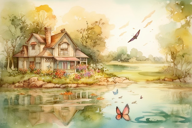 A painting of a house by the water with butterflies flying around it.