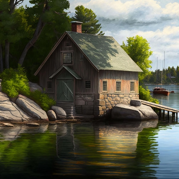 A painting of a house by the water