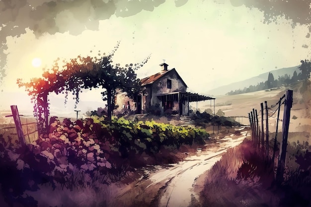 A painting of a house in the countryside