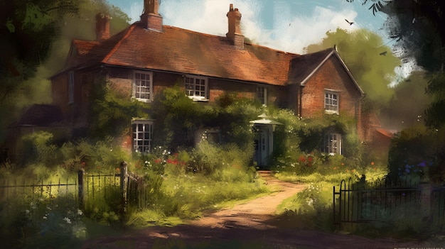 A painting of a house in the countryside