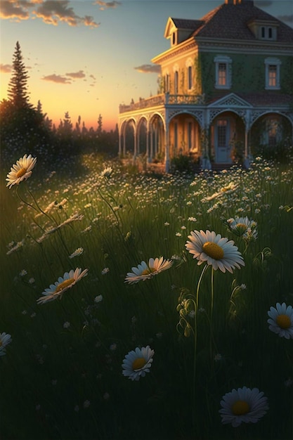 Painting of a house in a field of daisies generative ai