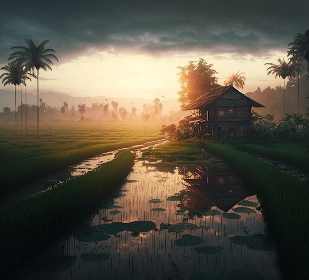 A painting of a house in a field with palm trees and a cloudy sky.