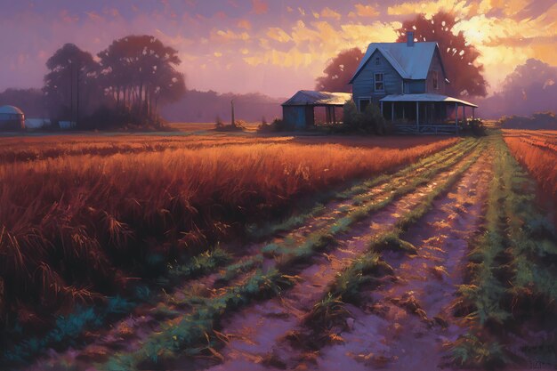 A painting of a house in a field with the sun setting behind it.