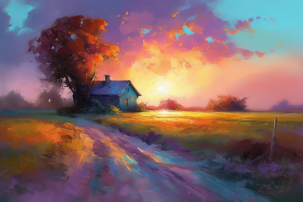 A painting of a house in a field with the sun setting behind it.