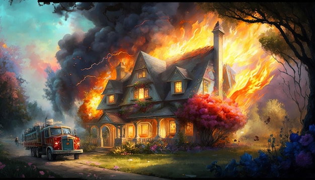 A painting of a house on fire with the words " fire " on the side.